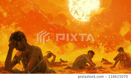 People collapsing under the scorching sun 116615070