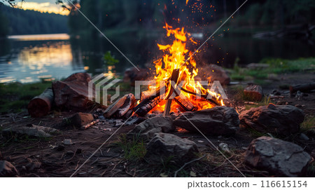 Bonfire burning in the forest at night 116615154