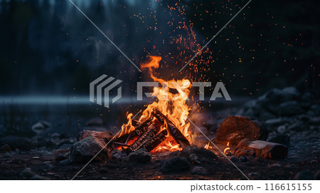 Bonfire burning in the forest at night Bonfire burning in the forest at night 116615155