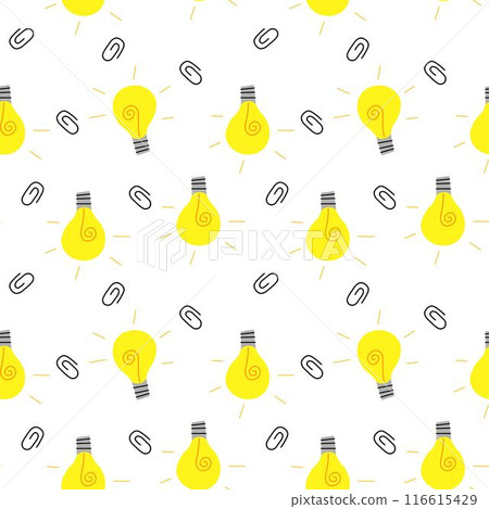 Seamless pattern of light bulbs and paper clips on white background 116615429