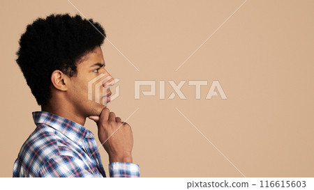 Searching for idea. Thoughtful afro guy profile portrait on white, copy space 116615603