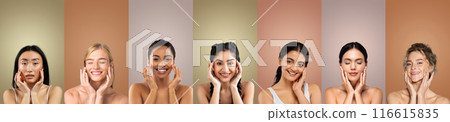 Seven women with different skin tones, hair colors, and styles are pictured in a horizontal image. Each woman is smiling and touching her face with both hands while looking directly at the camera Seven women with different skin tones, hair colors, and styles are pictured in a horizontal image. Each woman is smiling and touching her face with both hands while looking directly at the camera 116615835