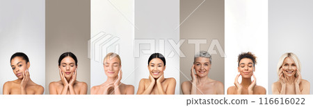 Seven diverse women are standing against a white backdrop, each smiling and touching their faces gently. The multiethnic women of different ages, showcasing a wide variety of beauty. 116616022