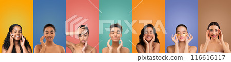 Seven women are applying golden eye patches to their skin, each in front of a different color background. They appear to be wearing no makeup and have a natural, glowing complexion. Seven women are applying golden eye patches to their skin, each in front of a different color background. They appear to be wearing no makeup and have a natural, glowing complexion. 116616117