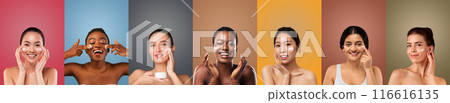 Seven multiethnic women of various skin tones smile as they apply face cream to their skin. They stand against colorful backgrounds. Seven multiethnic women of various skin tones smile as they apply face cream to their skin. They stand against colorful backgrounds. 116616135