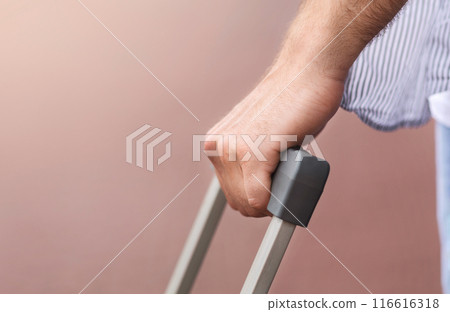 Closeup Of Male Hand Holding Suitcase Handle Outdoors, Ready For Travel, Selective Focus, Cropped Image With Copy Space 116616318