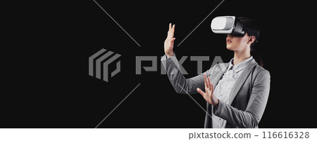 Business And Technologies. Businesswoman In VR Headset Experiencing Virtual Reality On Black Background. Studio Shot 116616328