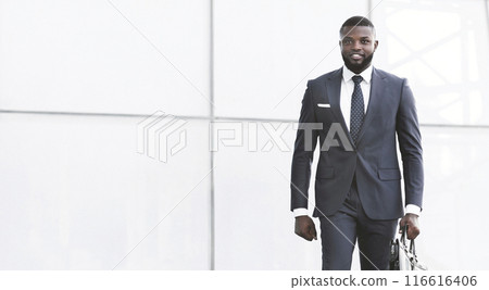 Successful Business People. African Businessman With Briefcase Walking In Urban Area In City. Full Length, Copy Space Successful Business People. African Businessman With Briefcase Walking In Urban Area In City. Full Length, Copy Space 116616406