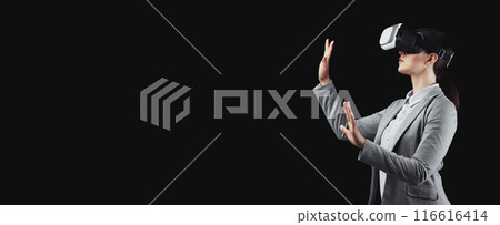 Business Future. Businesswoman Using Virtual Reality Headset On Black Background In Studio. Free Space For Text 116616414