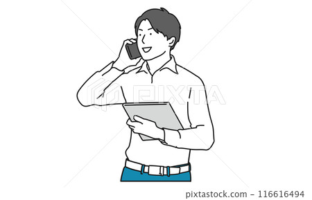 A simple illustration of a man at work talking on a smartphone 116616494