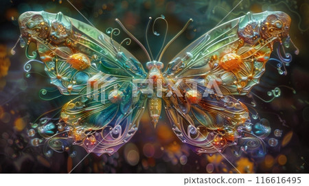 A colorful glass butterfly with intricate details, its wings shimmering with light. A colorful glass butterfly with intricate details, its wings shimmering with light. 116616495