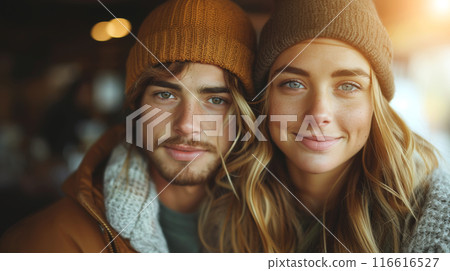 A young couple smiles at the camera while wearing knitted beanies. 116616527