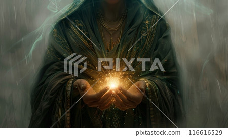 A wizard, wearing a dark green robe with gold embroidery, holds a glowing light in their cupped hands. 116616529