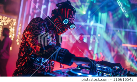 A DJ wearing a glowing neon face mask mixes music at a party with colorful lights and a crowd in the background. 116616542