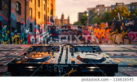 A DJ mixer sits in front of a graffiti-covered wall, ready to mix music for a crowd. 116616545