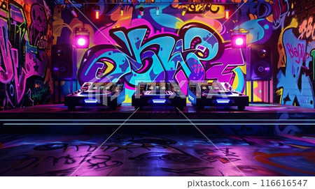 Three DJ consoles are positioned on a stage in front of a brightly colored graffiti wall, with neon lighting creating a vibrant atmosphere. 116616547