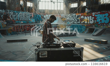 A DJ mixes music on a pair of turntables in an abandoned skate park with graffiti on the walls. A DJ mixes music on a pair of turntables in an abandoned skate park with graffiti on the walls. 116616619