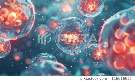 Human cells or embryonic stem cells under microscope background 116616635