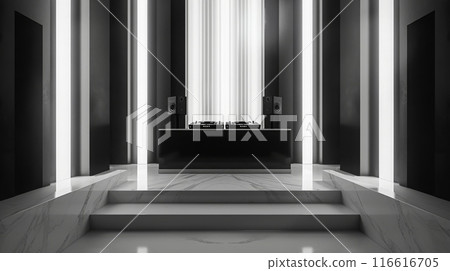 A minimalist DJ booth with two turntables and speakers sits on a black platform against a white backdrop. The room features marble steps and sleek lighting. A minimalist DJ booth with two turntables and speakers sits on a black platform against a white backdrop. The room features marble steps and sleek lighting. 116616705