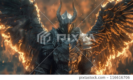 A figure in full armor stands with flaming wings spread out behind them. The figure's face is obscured by a helmet with horns. The scene is dark and mysterious. A figure in full armor stands with flaming wings spread out behind them. The figure's face is obscured by a helmet with horns. The scene is dark and mysterious. 116616706