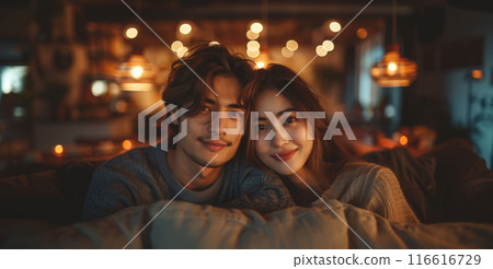 A young couple is relaxing on a couch together, smiling at the camera, with string lights in the background. A young couple is relaxing on a couch together, smiling at the camera, with string lights in the background. 116616729