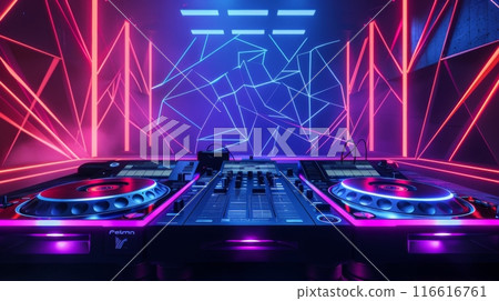 A DJ mixer sits in front of a neon light wall, with the background reflecting the vibrant pink and blue lights. A DJ mixer sits in front of a neon light wall, with the background reflecting the vibrant pink and blue lights. 116616761