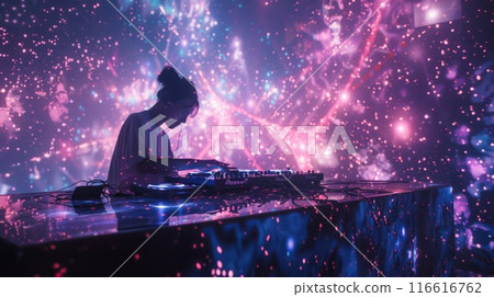 A DJ mixes music in front of a dazzling projection of a colorful galaxy. 116616762