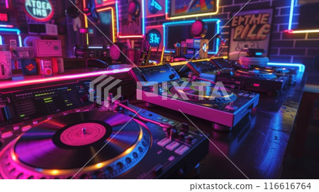 Close-up shot of a DJ setup with three turntables and a mixer, bathed in colorful neon lights. 116616764