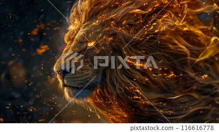 A close-up of a lion's face, with its mane engulfed in flames and glowing embers. A close-up of a lion's face, with its mane engulfed in flames and glowing embers. 116616778