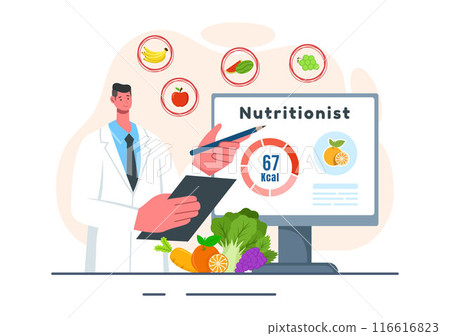 Vector Illustration of a Nutritionist Conducting a Nutritional Examination of Food, including Dietary Supplements, such as Fresh Fruits and Vegetables Vector Illustration of a Nutritionist Conducting a Nutritional Examination of Food, including Dietary Supplements, such as Fresh Fruits and Vegetables 116616823