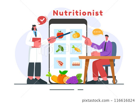Vector Illustration of a Nutritionist Conducting a Nutritional Examination of Food, including Dietary Supplements, such as Fresh Fruits and Vegetables Vector Illustration of a Nutritionist Conducting a Nutritional Examination of Food, including Dietary Supplements, such as Fresh Fruits and Vegetables 116616824