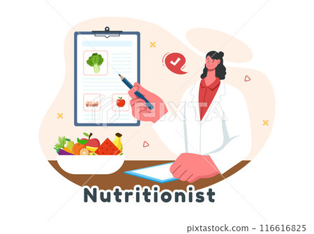 Vector Illustration of a Nutritionist Conducting a Nutritional Examination of Food, including Dietary Supplements, such as Fresh Fruits and Vegetables Vector Illustration of a Nutritionist Conducting a Nutritional Examination of Food, including Dietary Supplements, such as Fresh Fruits and Vegetables 116616825
