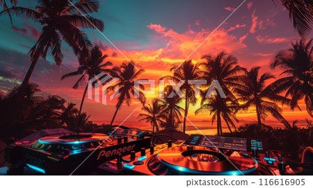 A DJ mixer sits in front of a tropical sunset, with palm trees silhouetted against the vibrant sky. A DJ mixer sits in front of a tropical sunset, with palm trees silhouetted against the vibrant sky. 116616905