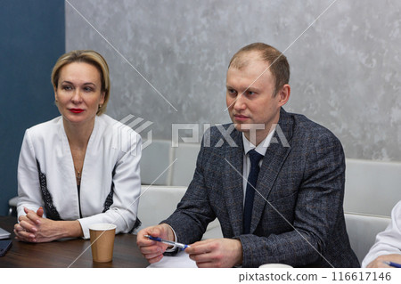 Female team leader at business meeting in office. Female team leader at business meeting in office. 116617146