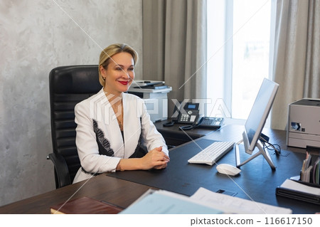 Female team leader at business meeting in office. Female team leader at business meeting in office. 116617150