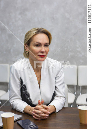 Female team leader at business meeting in office. Female team leader at business meeting in office. 116617151