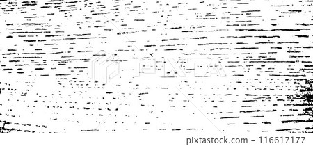 Black grunge wood texture. Grainy wooden overlay background. Distressed bark surface with dust, scratches, particles, specks, speckles. Rough dirty stamp backdrop of floor, fence, wall, tile. Vector 116617177