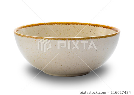 Side view of empty brown ceramic bowl with dark brown edge. 116617424