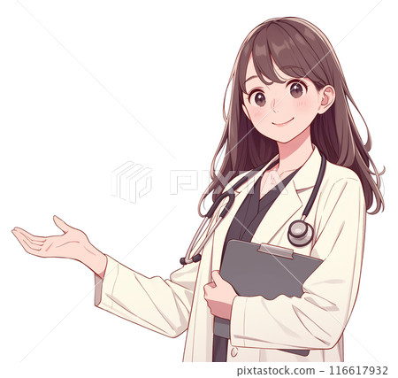 女醫師拿著剪貼板舉手的「AI生成影像」插圖 116617932