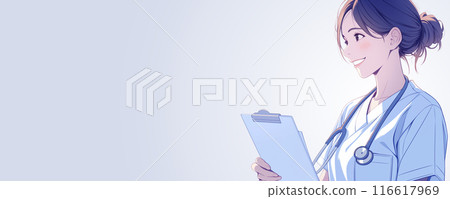 一位微笑的護士在白色背景上拿著剪貼簿和複製空間“AI 生成圖像”的插圖 116617969