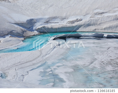 Scenery of Mikurigaike Pond in Murodo on the Tateyama Kurobe Alpine Route, a tourist attraction in early summer Scenery of Mikurigaike Pond in Murodo on the Tateyama Kurobe Alpine Route, a tourist attraction in early summer 116618185