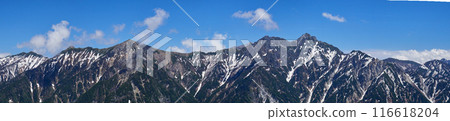 Panoramic view of the majestic Northern Alps mountain range seen from the Kurobedaira observation deck on the Tateyama Kurobe Alpine Route, a tourist attraction in early summer Panoramic view of the majestic Northern Alps mountain range seen from the Kurobedaira observation deck on the Tateyama Kurobe Alpine Route, a tourist attraction in early summer 116618204
