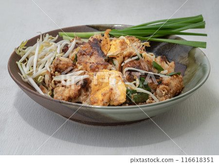 Stir-fried soft turnip cake or Fried radish cake (chai tow kway) with bean sprout and chives on ceramic plate. Stir-fried soft turnip cake or Fried radish cake (chai tow kway) with bean sprout and chives on ceramic plate. 116618351