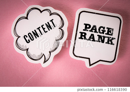 Conctent and Page Rank. Two speech bubbles with text on a pink background Conctent and Page Rank. Two speech bubbles with text on a pink background 116618390