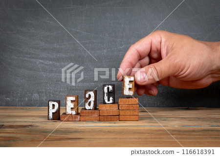 PEACE. Wooden letters, alphabet blocks on steps. development and growth concept 116618391