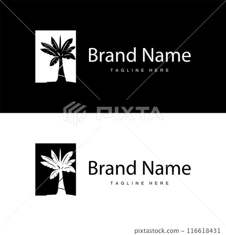 Banana Tree Logo, Tropical Fruit Plant Flat Silhouette Template Illustration Design 116618431