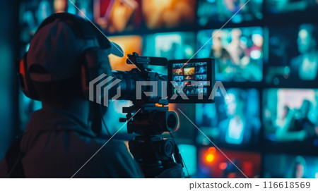 A person stands with a video camera in front of a wall of television screens, capturing footage in a high-tech environment. A person stands with a video camera in front of a wall of television screens, capturing footage in a high-tech environment. 116618569