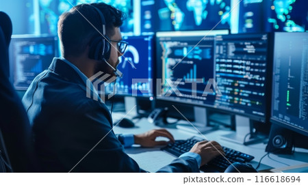 A man with headphones works on complex code across several computer screens in a dark office environment. 116618694