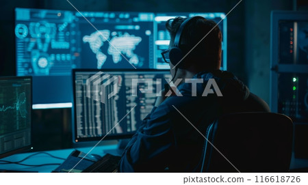 A cybersecurity professional is scrutinizing multiple monitors with advanced network data in a dark room. 116618726