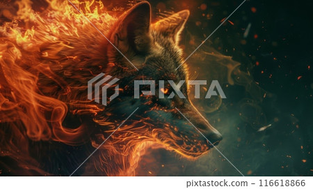 A wolf with fiery fur and glowing eyes stands against a dark background. A wolf with fiery fur and glowing eyes stands against a dark background. 116618866